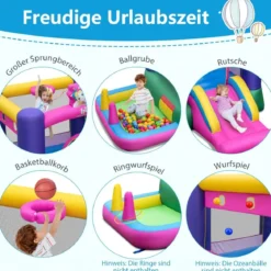 Hüpfburg mit Rutsche Sprungbereich Basketballkorb Bällebad Ringwurfspiel & Wurfspiel für Indoor und Outdoor (ohne Gebläse)
