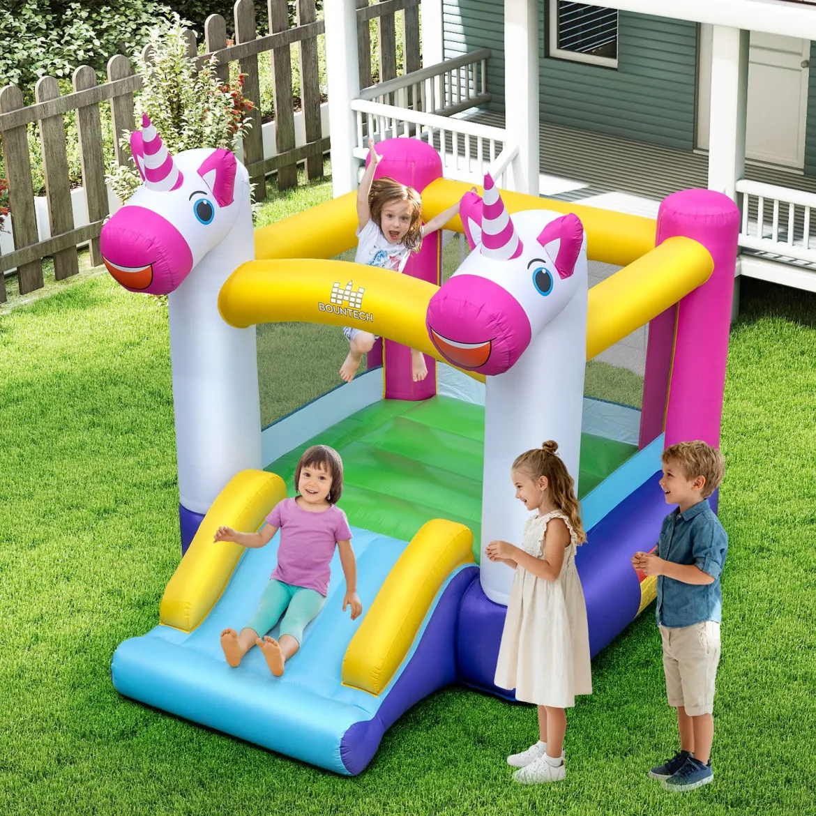 Hüpfburg mit Rutsche und Sprungbereich kleine Bouncy Castle für Kinder Innen- und Außenbereich Mehrfarbig
