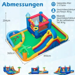 Hüpfburg mit Wasserrutsche, Kletterwand, Sprungbereich, Bällebad, Ringwurfspiel (Ohne Gebläse)