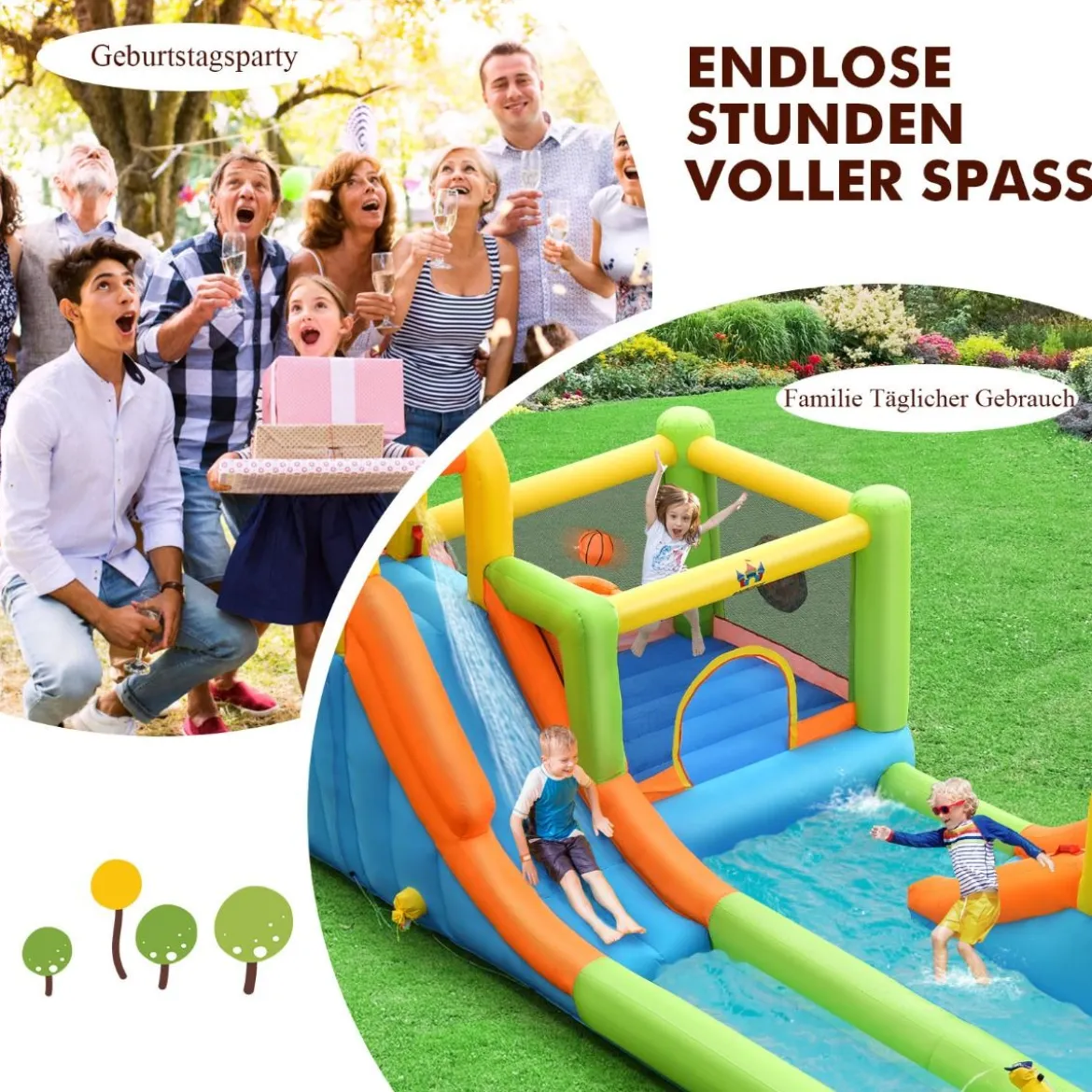 Hüpfburg mit 680W Gebläse Wasserrutsche Kletterwand Basketballkorb Ringwurfspiel Wasserpark für draußen