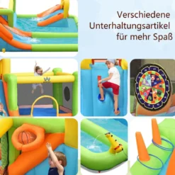 Hüpfburg mit 680W Gebläse Wasserrutsche Kletterwand Basketballkorb Ringwurfspiel Wasserpark für draußen