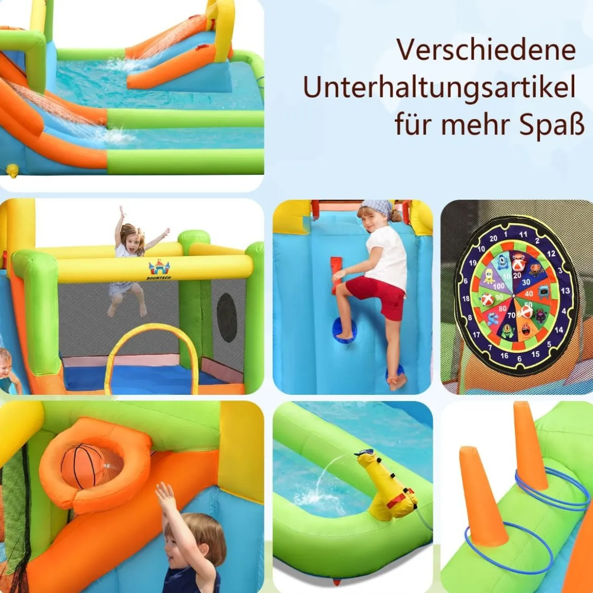 Hüpfburg mit 680W Gebläse Wasserrutsche Kletterwand Basketballkorb Ringwurfspiel Wasserpark für draußen