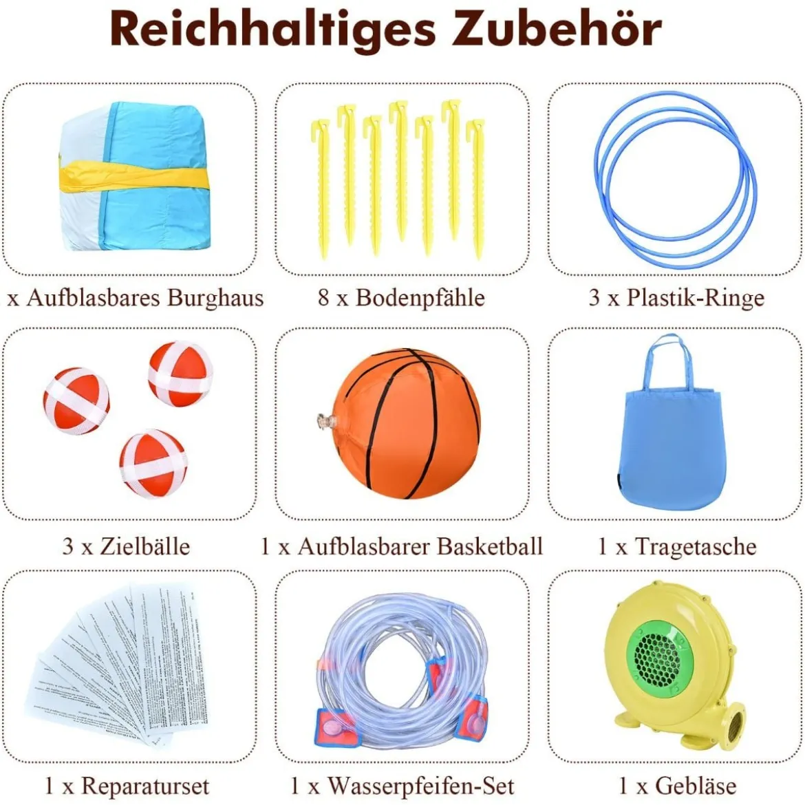 Hüpfburg mit 680W Gebläse Wasserrutsche Kletterwand Basketballkorb Ringwurfspiel Wasserpark für draußen