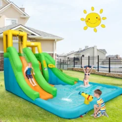 Hüpfburg Wasserpark mit Zwei Rutschen Kletterwand 400 x 361 x 255 cm (Ohne Gebläse)
