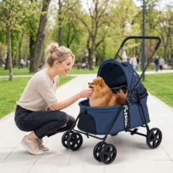 Hundewagen Faltbarer Hundebuggy mit 180° Verstellbarem Sonnendach & Feststellfunktion Dunkelblau