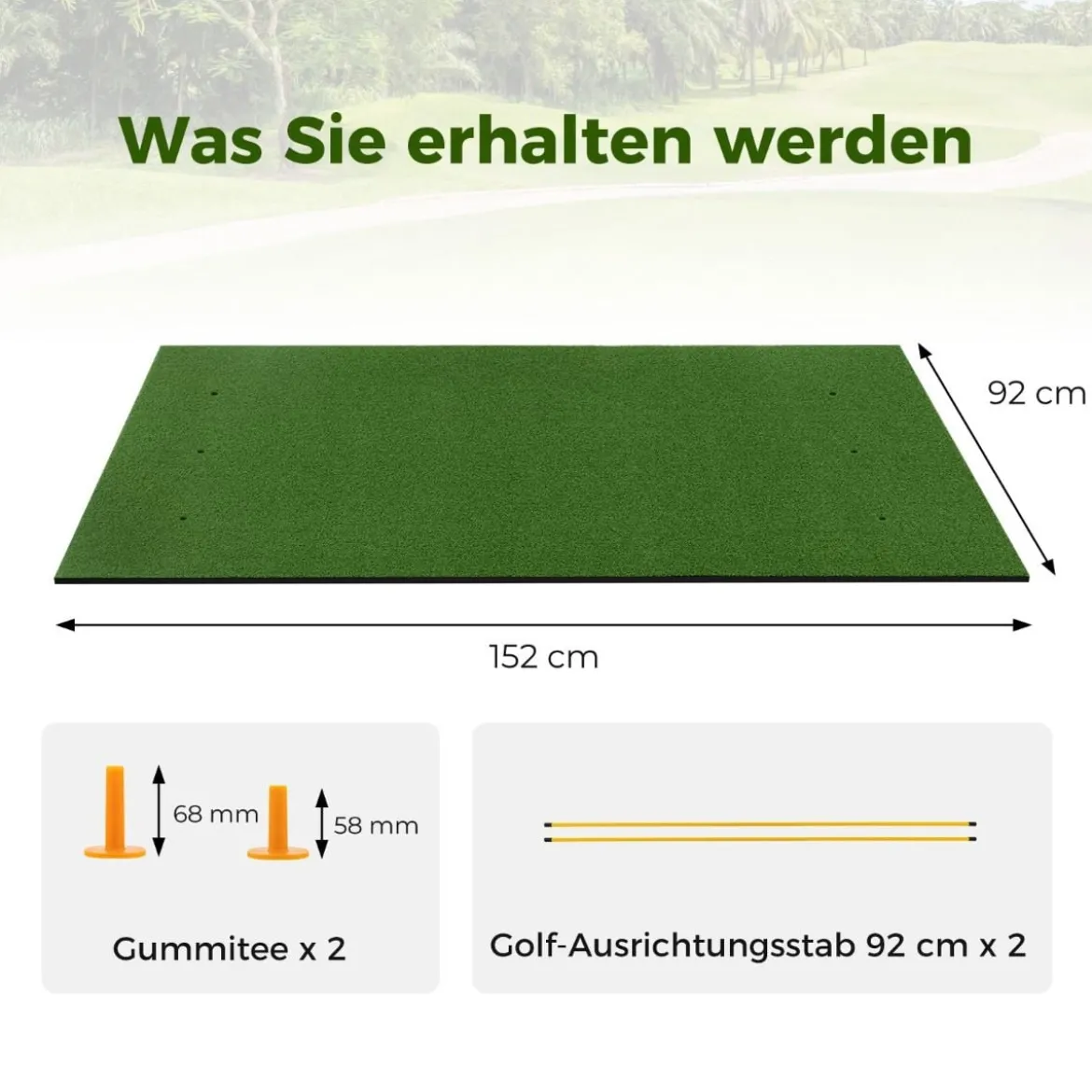 3-in-1-Abschlagmatte für Golf mit Kunstrasen 2 Golf-Tees 2 Ausrichtungsstäben & 6 vorgebohrten Abschlaglöchern 152 x 92 cm
