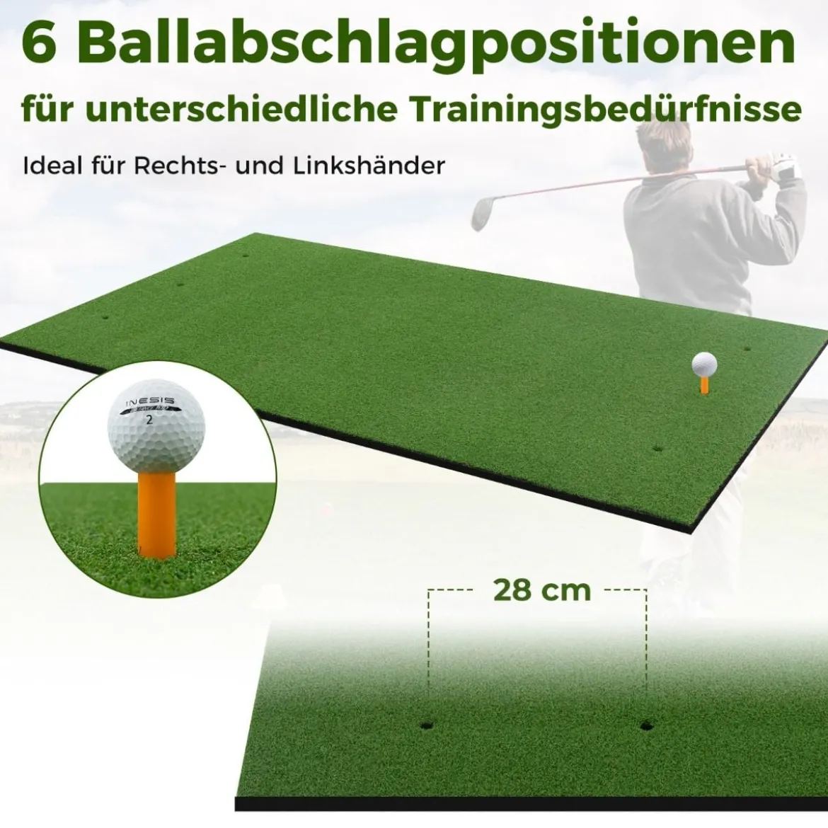3-in-1-Abschlagmatte für Golf mit Kunstrasen 2 Golf-Tees 2 Ausrichtungsstäben & 6 vorgebohrten Abschlaglöchern 152 x 92 cm