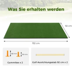 3-in-1-Abschlagmatte für Golf mit Kunstrasen 2 Golf-Tees 2 Ausrichtungsstäben & 6 vorgebohrten Abschlaglöchern 152 x 92 cm 27 mm