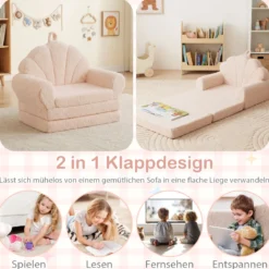 2 in 1 ausklappbares Kindersofa Kindersessel mit Schlaffunktion Kindercouch für Jungen Beige