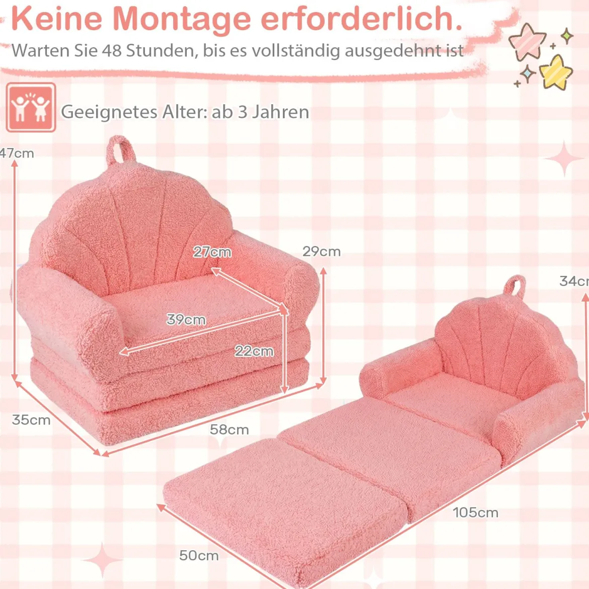 2 in 1 ausklappbares Kindersofa Kindersessel mit Schlaffunktion Kindercouch Rosa