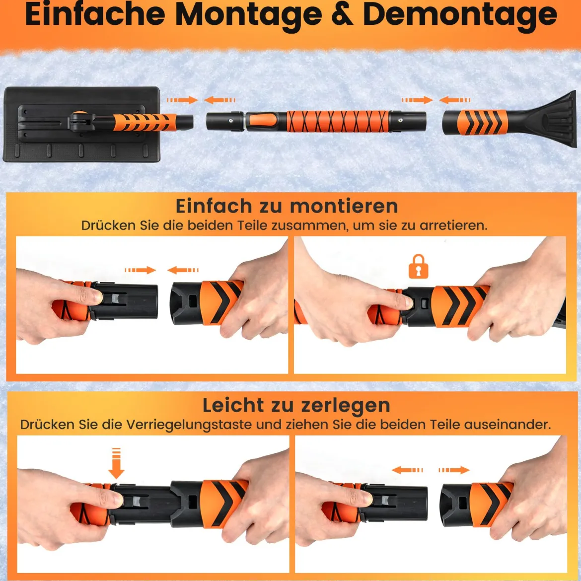 2 in 1 Auto Zweiseitiger Eiskratzer & 180° Drehbarer Kopf & 3 Stufig Verstellbarer Stange