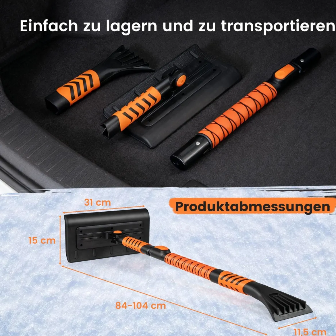 2 in 1 Auto Zweiseitiger Eiskratzer & 180° Drehbarer Kopf & 3 Stufig Verstellbarer Stange