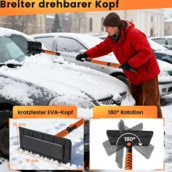 2 in 1 Auto Zweiseitiger Eiskratzer & 180° Drehbarer Kopf & 3 Stufig Verstellbarer Stange