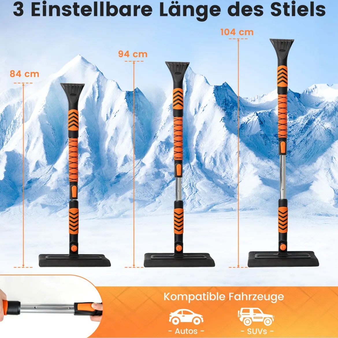 2 in 1 Auto Zweiseitiger Eiskratzer & 180° Drehbarer Kopf & 3 Stufig Verstellbarer Stange