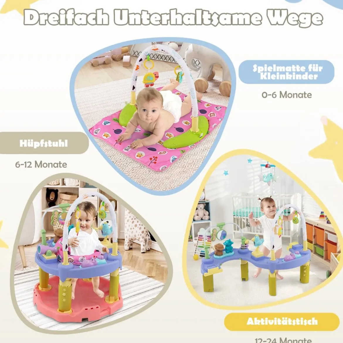 3-in-1 Baby Aktivitätszentrum mit Aktivitätstisch & Spielmatte ideal für 0-24 Monate Rosa