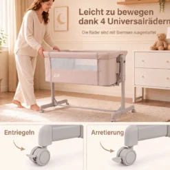 3 in 1 Baby Beistellbett Babybett mit 6-stufiger Höhenverstellung & 4 Räder bis zu 9 kg Belastbar Beige