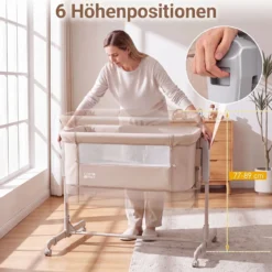 3 in 1 Baby Beistellbett Babybett mit 6-stufiger Höhenverstellung & 4 Räder bis zu 9 kg Belastbar Beige