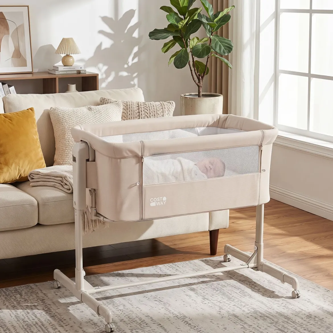 3 in 1 Baby Beistellbett Babybett mit 6-stufiger Höhenverstellung & 4 Räder bis zu 9 kg Belastbar Beige