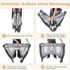 3 in 1 Babybett 2 Ebenen Reisebett mit Faltbarer Matratze & Wickelauflage & Rollen Dunkelgrau