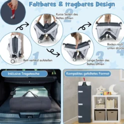4 in 1 Babybett mit Abnehmbarem Baldachin Reisebett mit Matratze Beistellbett mit Rollen Grau