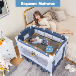 4 in 1 Babybett mit Abnehmbarem Baldachin Reisebett mit Matratze Beistellbett mit Rollen Grau