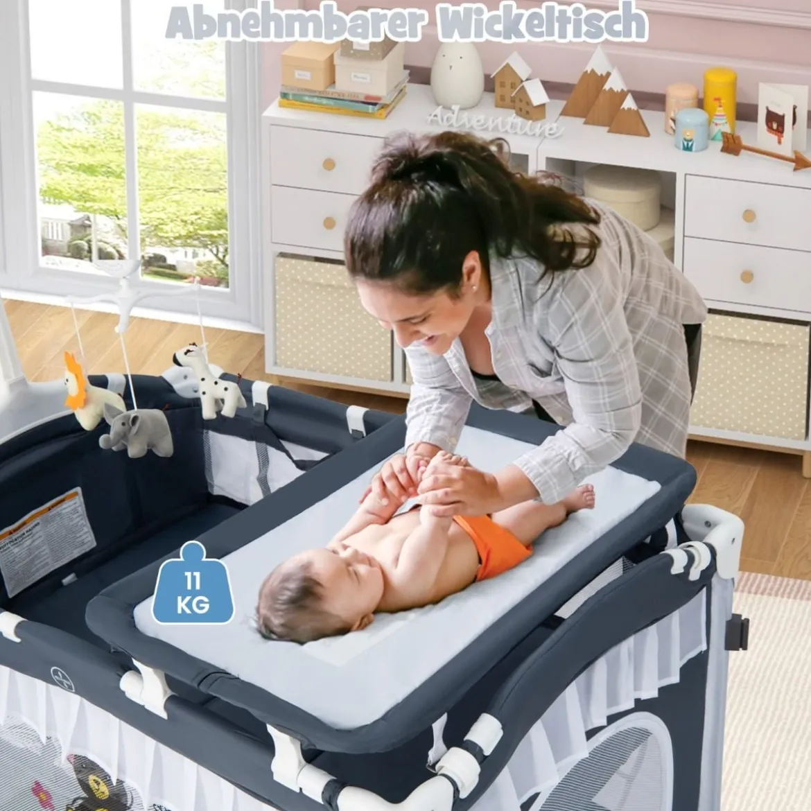 4 in 1 Babybett mit Abnehmbarem Baldachin Reisebett mit Matratze Beistellbett mit Rollen Grau