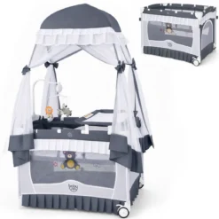 4 in 1 Babybett mit Abnehmbarem Baldachin Reisebett mit Matratze Beistellbett mit Rollen Grau