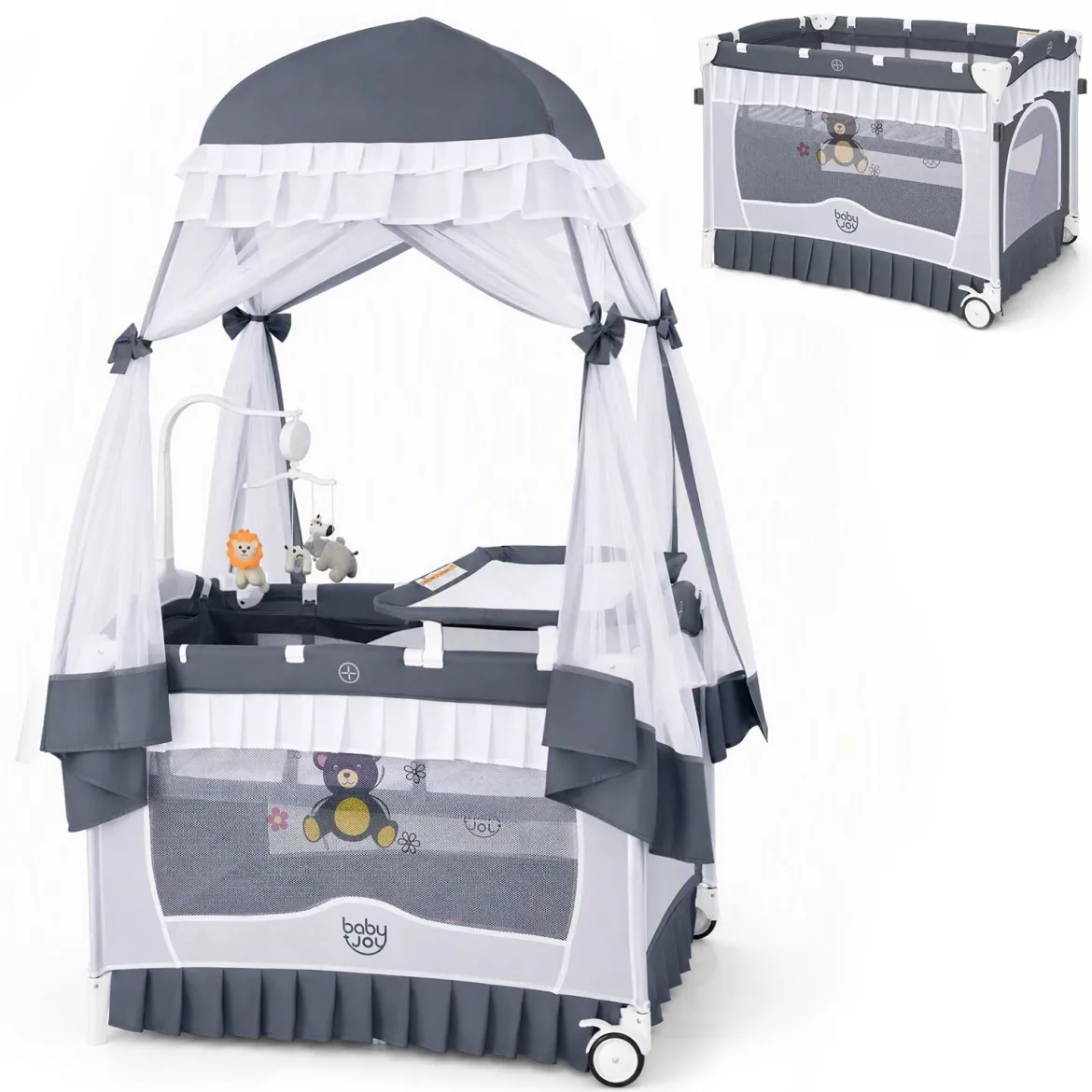 4 in 1 Babybett mit Abnehmbarem Baldachin Reisebett mit Matratze Beistellbett mit Rollen Grau