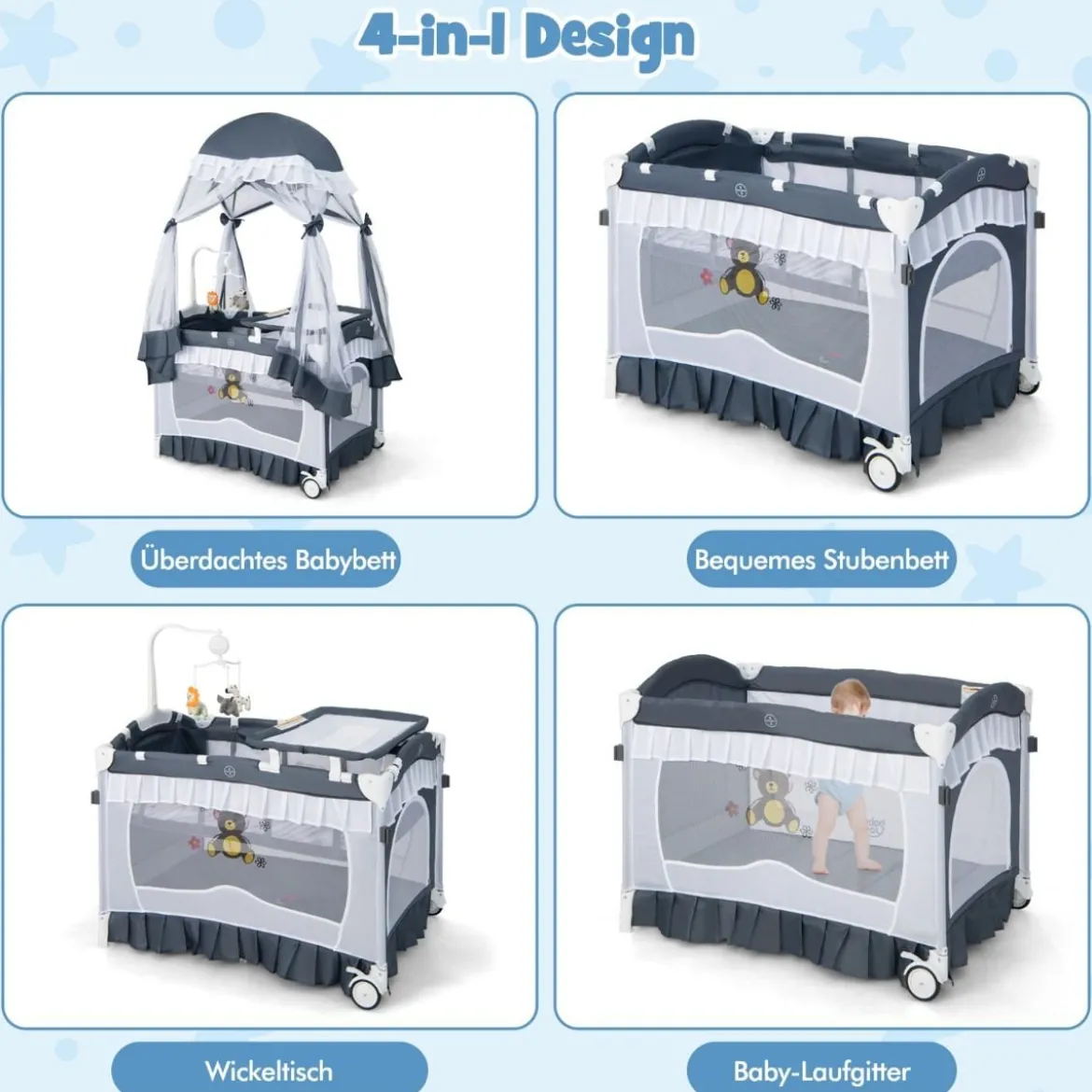 4 in 1 Babybett mit Abnehmbarem Baldachin Reisebett mit Matratze Beistellbett mit Rollen Grau