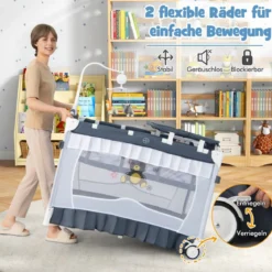 4 in 1 Babybett mit Abnehmbarem Baldachin Reisebett mit Matratze Beistellbett mit Rollen Grau