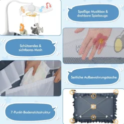 4 in 1 Babybett mit Abnehmbarem Baldachin Reisebett mit Matratze Beistellbett mit Rollen Grau