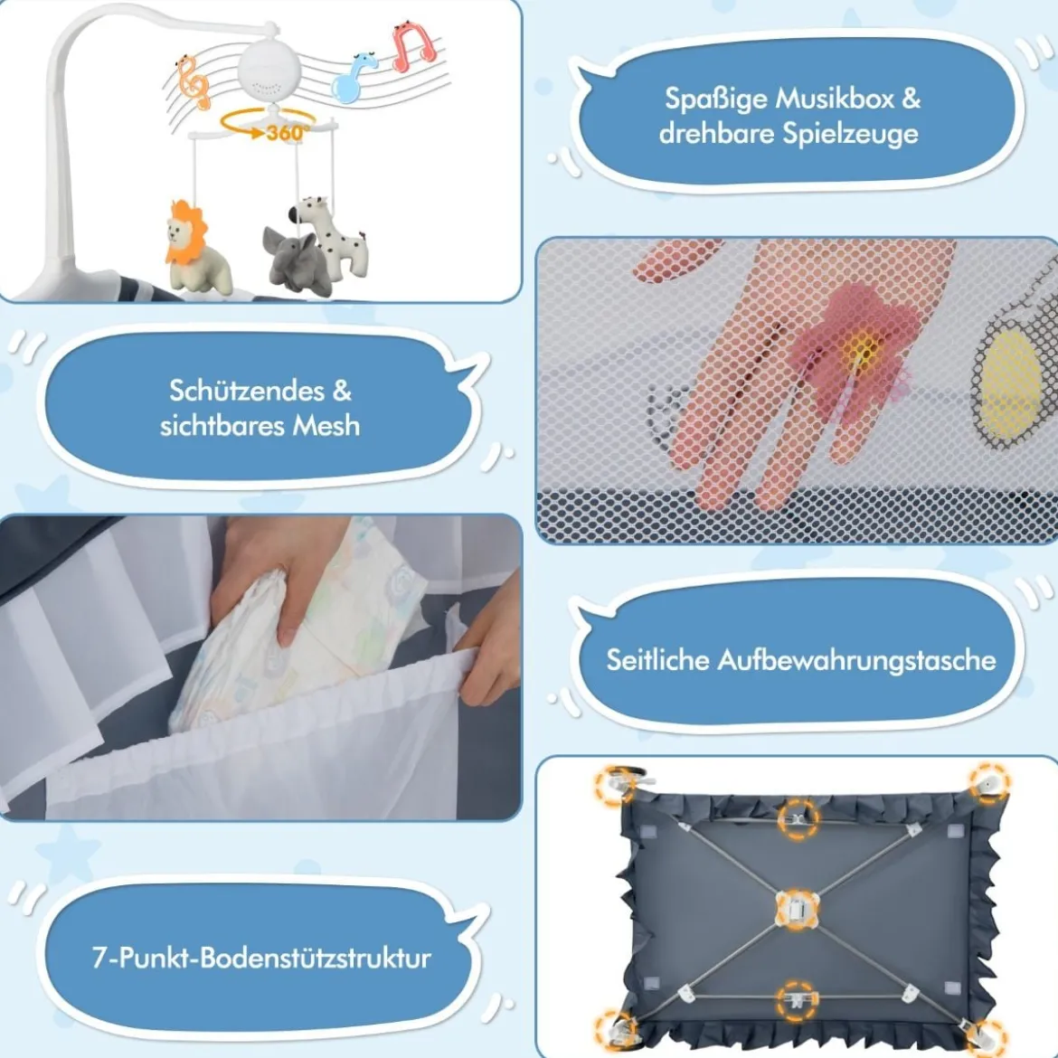 4 in 1 Babybett mit Abnehmbarem Baldachin Reisebett mit Matratze Beistellbett mit Rollen Grau
