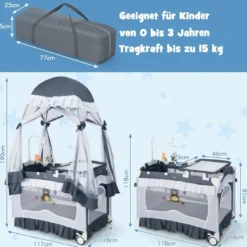 4 in 1 Babybett mit Abnehmbarem Baldachin Reisebett mit Matratze Beistellbett mit Rollen Grau