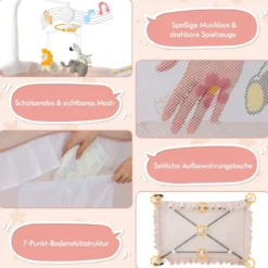 4 in 1 Babybett mit Abnehmbarem Baldachin Reisebett mit Matratze Beistellbett mit Rollen Rosa