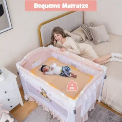 4 in 1 Babybett mit Abnehmbarem Baldachin Reisebett mit Matratze Beistellbett mit Rollen Rosa