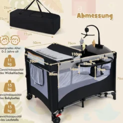 5 in 1 Babybett mit Matratze & Wickeltisch & Sicherheitsgurt & Spieluhr Grau