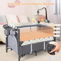 5 in 1 Babybett mit Matratze & Wickeltisch & Sicherheitsgurt & Spieluhr & Hängespielzeug