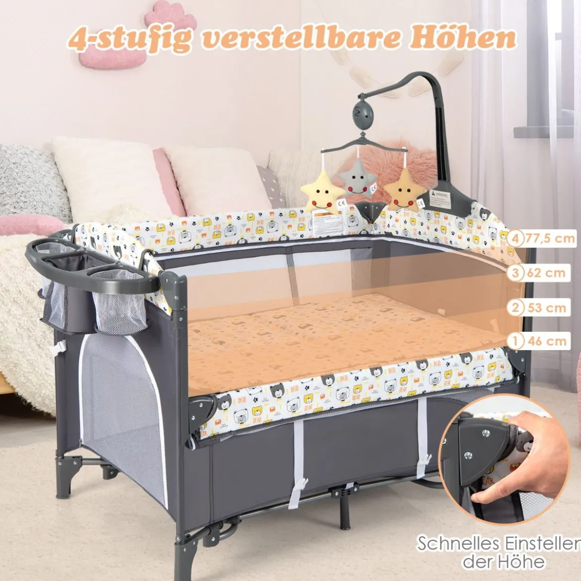 5 in 1 Babybett mit Matratze & Wickeltisch & Sicherheitsgurt & Spieluhr & Hängespielzeug