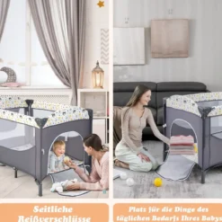 5 in 1 Babybett mit Matratze & Wickeltisch & Sicherheitsgurt & Spieluhr & Hängespielzeug