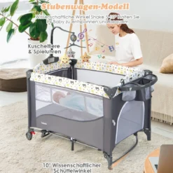 5 in 1 Babybett mit Matratze & Wickeltisch & Sicherheitsgurt & Spieluhr & Hängespielzeug