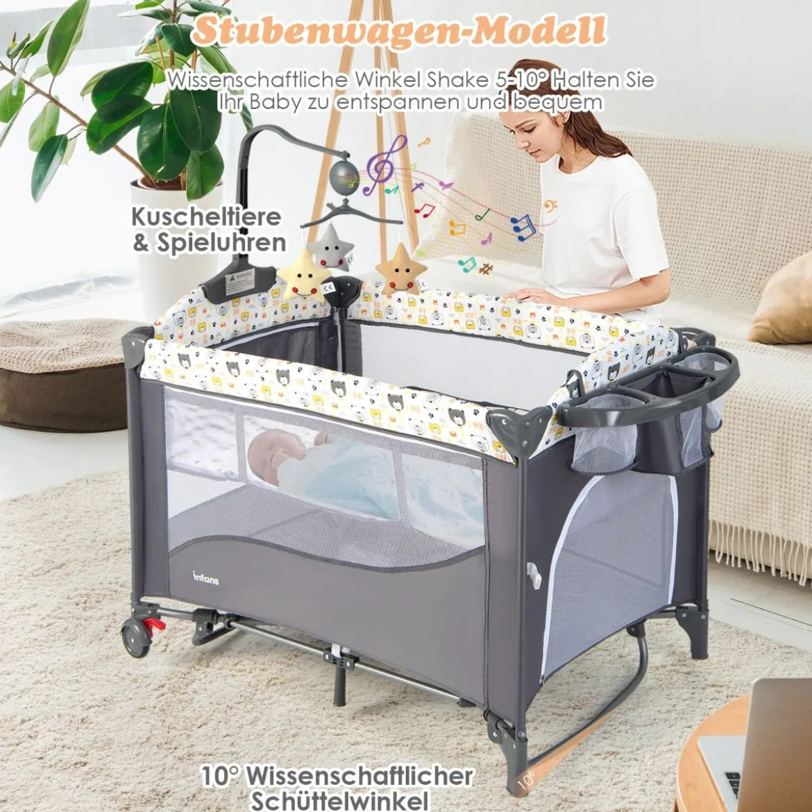 5 in 1 Babybett mit Matratze & Wickeltisch & Sicherheitsgurt & Spieluhr & Hängespielzeug