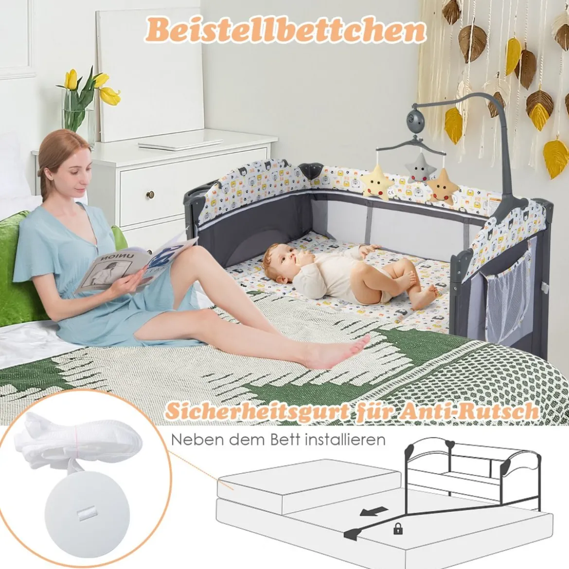 5 in 1 Babybett mit Matratze & Wickeltisch & Sicherheitsgurt & Spieluhr & Hängespielzeug