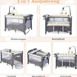 5 in 1 Babybett mit Matratze & Wickeltisch & Sicherheitsgurt & Spieluhr & Hängespielzeug
