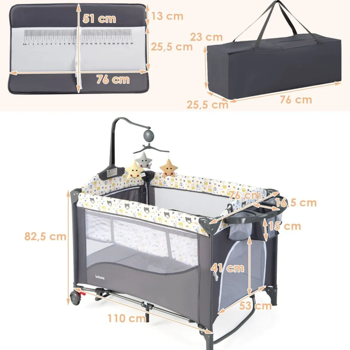5 in 1 Babybett mit Matratze & Wickeltisch & Sicherheitsgurt & Spieluhr & Hängespielzeug