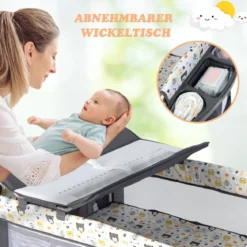 5 in 1 Babybett mit Matratze & Wickeltisch & Sicherheitsgurt & Spieluhr & Hängespielzeug
