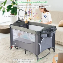 5 in 1 Babybett mit Matratze & Wickeltisch & Sicherheitsgurt & Spieluhr & Hängespielzeug