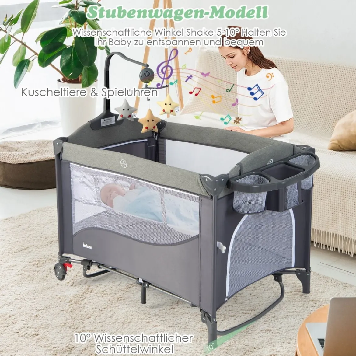 5 in 1 Babybett mit Matratze & Wickeltisch & Sicherheitsgurt & Spieluhr & Hängespielzeug