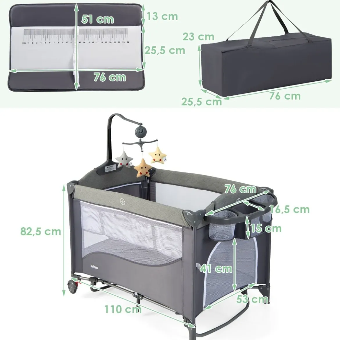 5 in 1 Babybett mit Matratze & Wickeltisch & Sicherheitsgurt & Spieluhr & Hängespielzeug