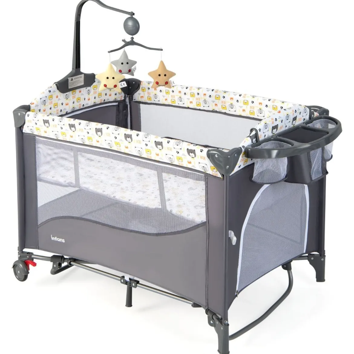 5 in 1 Babybett mit Matratze & Wickeltisch & Sicherheitsgurt & Spieluhr & Hängespielzeug
