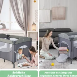 5 in 1 Babybett mit Matratze & Wickeltisch & Sicherheitsgurt & Spieluhr & Hängespielzeug